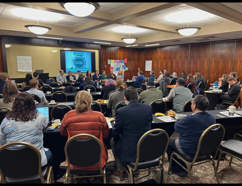 A panel discussed sustainable communities on the second day of the Alaska Coastal Cooperative for Co-producing Transformative Ideas and Opportunities in the North meeting. Photo by Rod Boyce