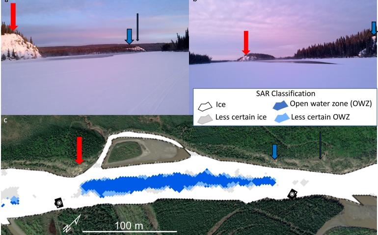 Citizen science photos (a, b) show a large open water zone on Dec. 20, 2020, on the Tanana River near Rosie Creek. The photos confirm the synthetic aperture radar classifications (c) from the same date. Red, blue and black arrows point to the same landmarks in all panels. Image from research paper.